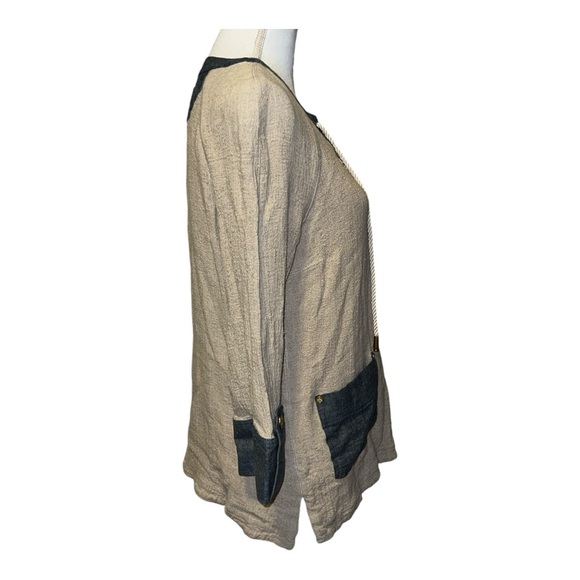 Tory Burch Jonisse tan/blue linen blend tunic top with pockets - Picture 10 of 11